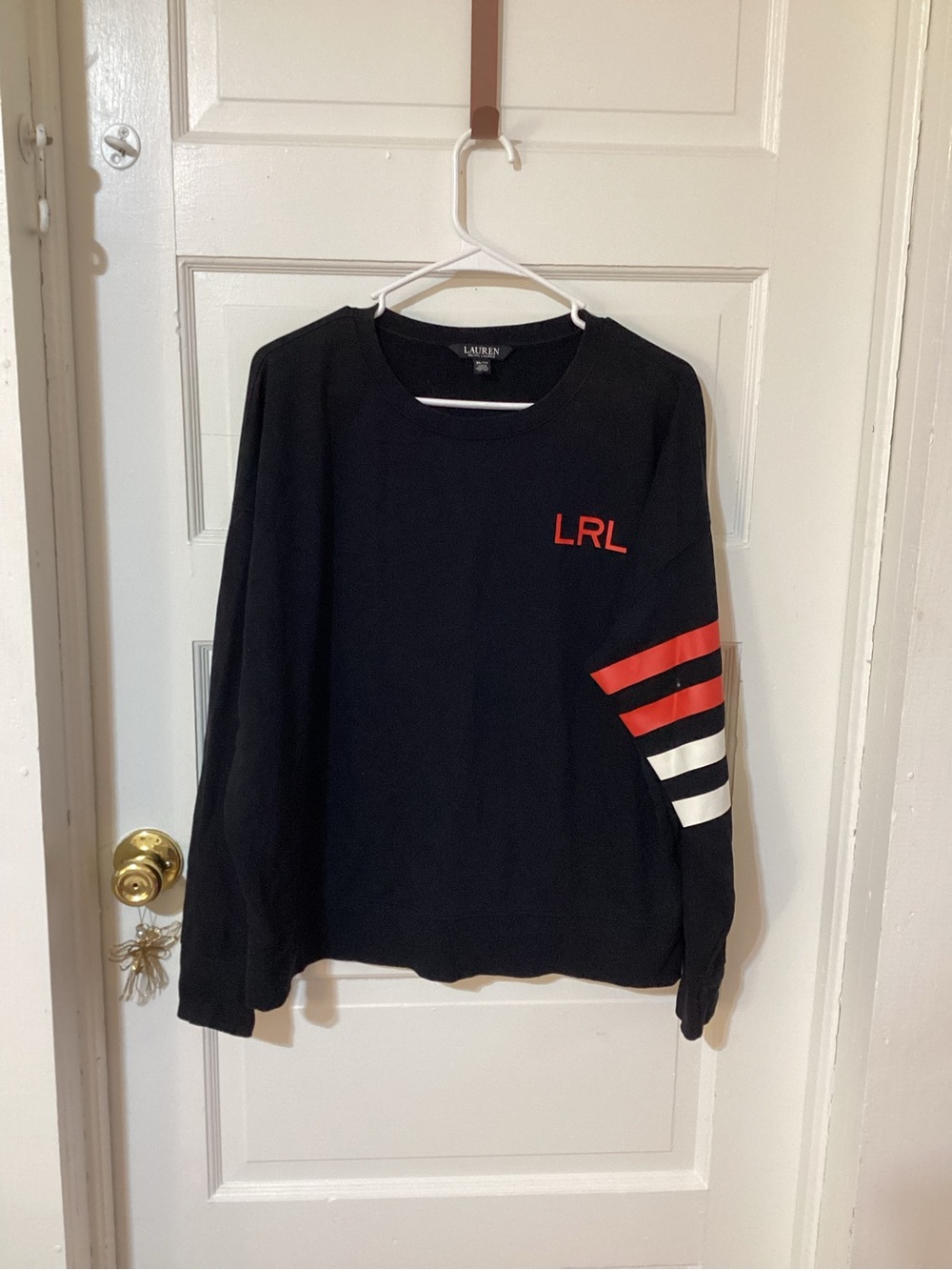 Ralph Lauren Black Crewneck Sweater with Red LRL and Red & White Sleeve Stripes